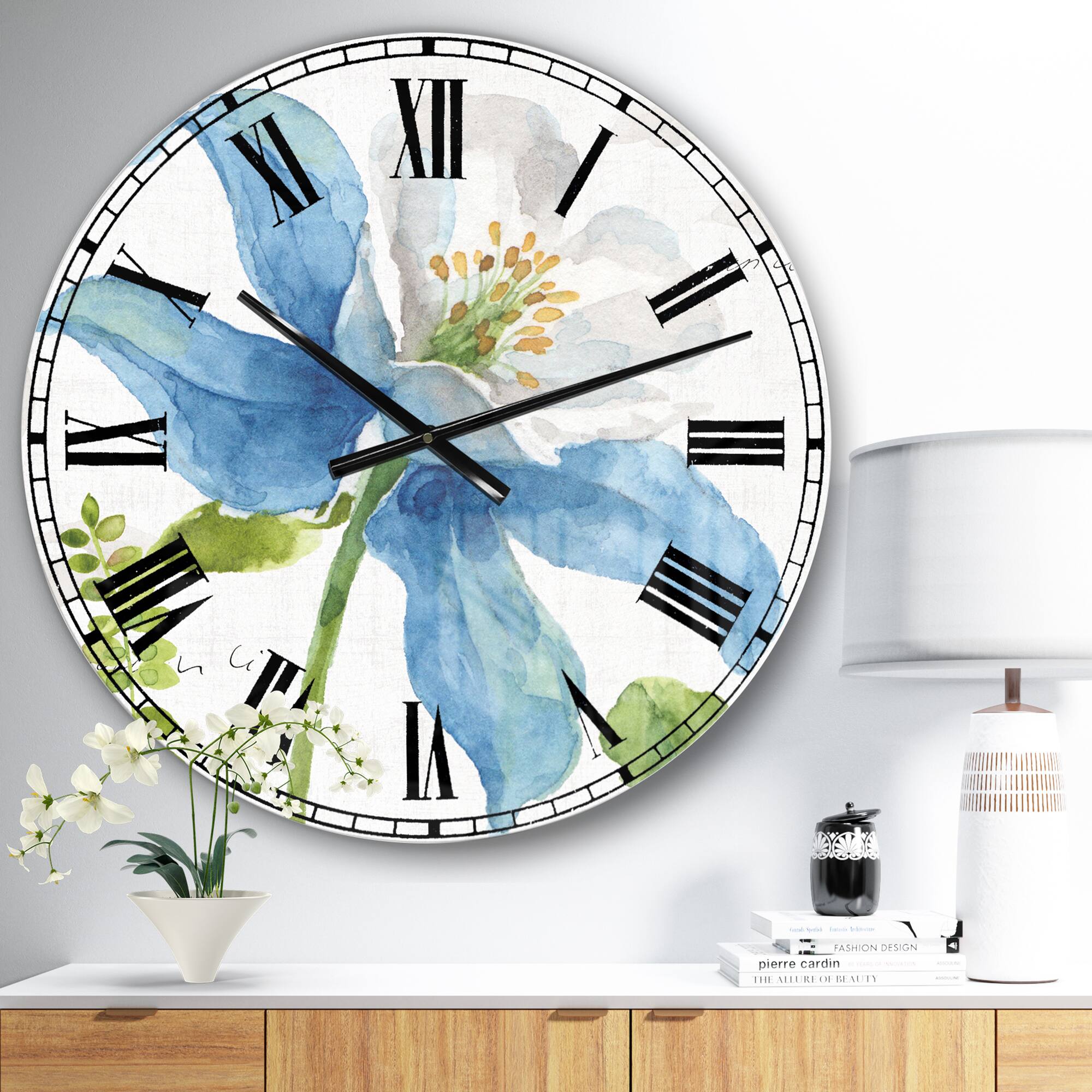 Designart 'Blue Columbine Wild Flower With Ferns Traditional Wall Clock